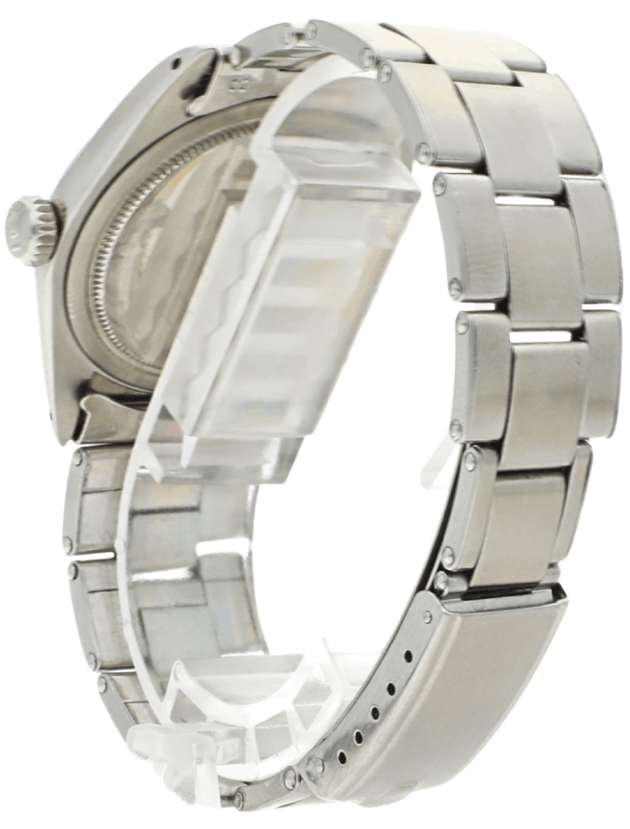 Left back view of Pre-owned Rolex Oyster Precision wristwatch with stainless steel case and bracelet, and black dial.