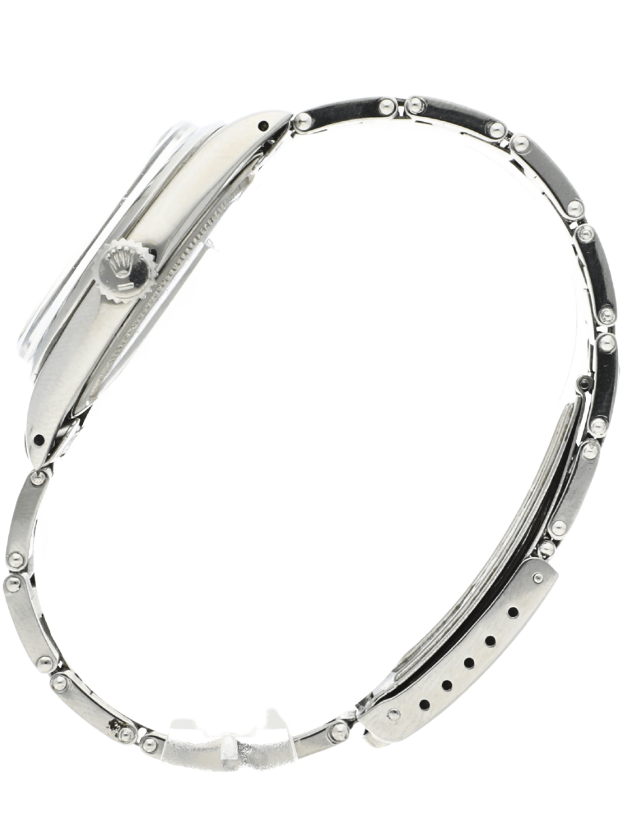 Left side view of Pre-owned Rolex Oyster Precision wristwatch with stainless steel case and bracelet, and black dial.