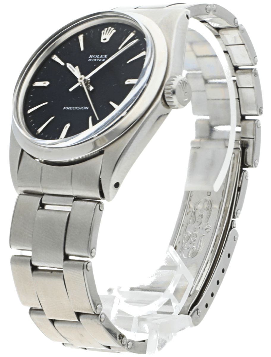 Front left side view of Pre-owned Rolex Oyster Precision wristwatch with stainless steel case and bracelet, and black dial.