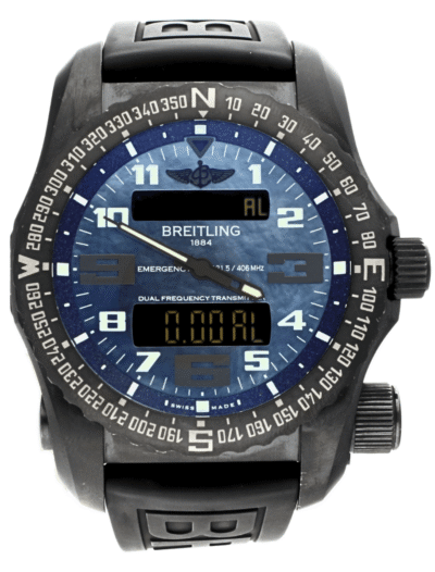 Pre-owned Breitling Emergency wristwatch with titanium case, blue dial, and black rubber strap.