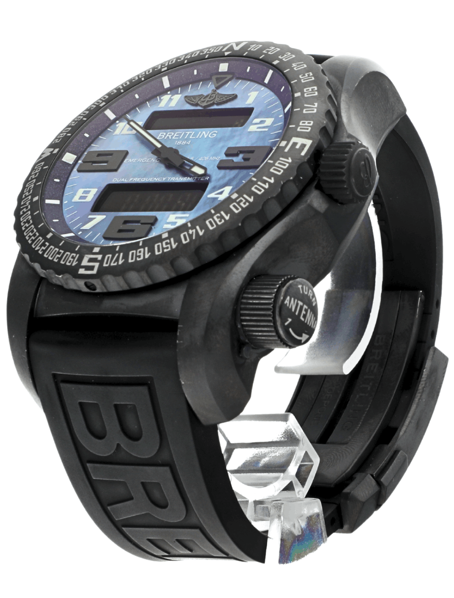 Front left side view of Pre-owned Breitling Emergency wristwatch with titanium case, blue dial, and black rubber strap.