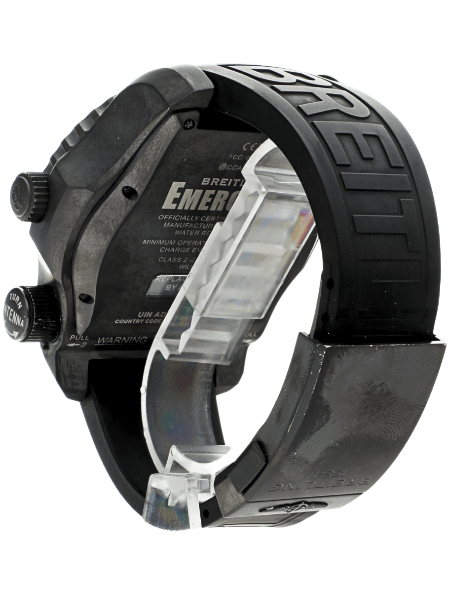 Back left side view of Pre-owned Breitling Emergency wristwatch with titanium case, blue dial, and black rubber strap.