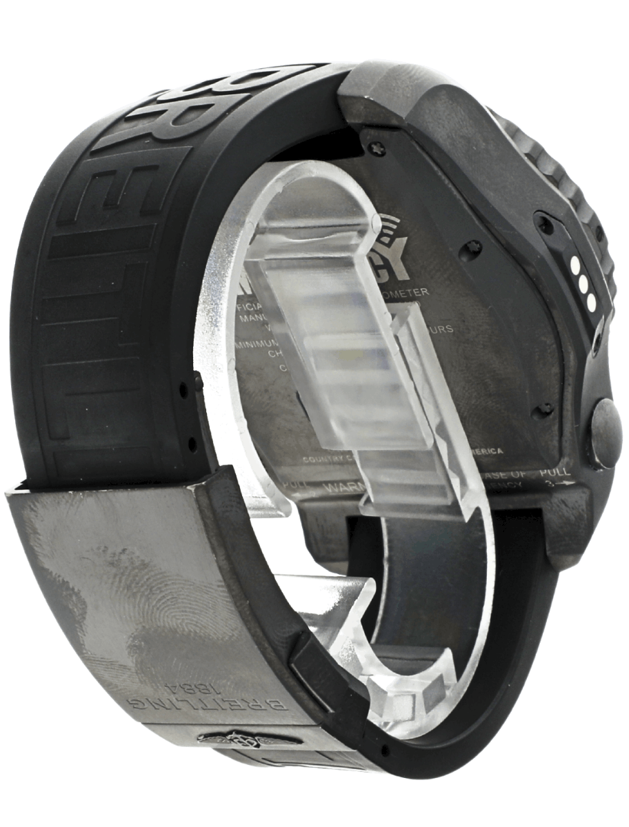 Back right side view of Pre-owned Breitling Emergency wristwatch with titanium case, blue dial, and black rubber strap.