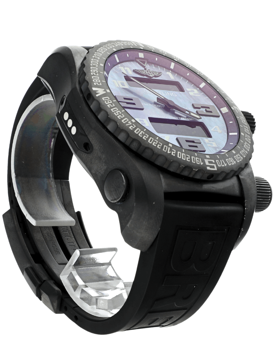 Front right side view of Pre-owned Breitling Emergency wristwatch with titanium case, blue dial, and black rubber strap.