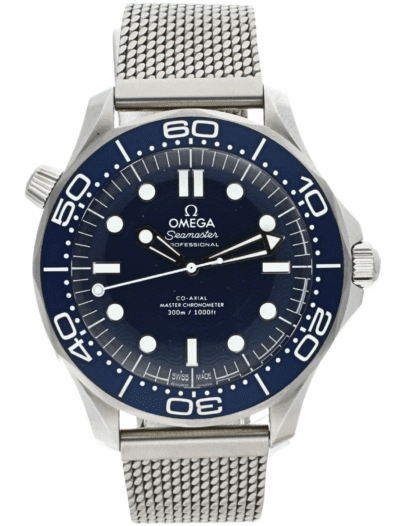 Pre-Owned Omega Seamaster Diver 300m James Bond 60th Anniversary wristwatch with stainless steel case and bracelet, and blue dial.