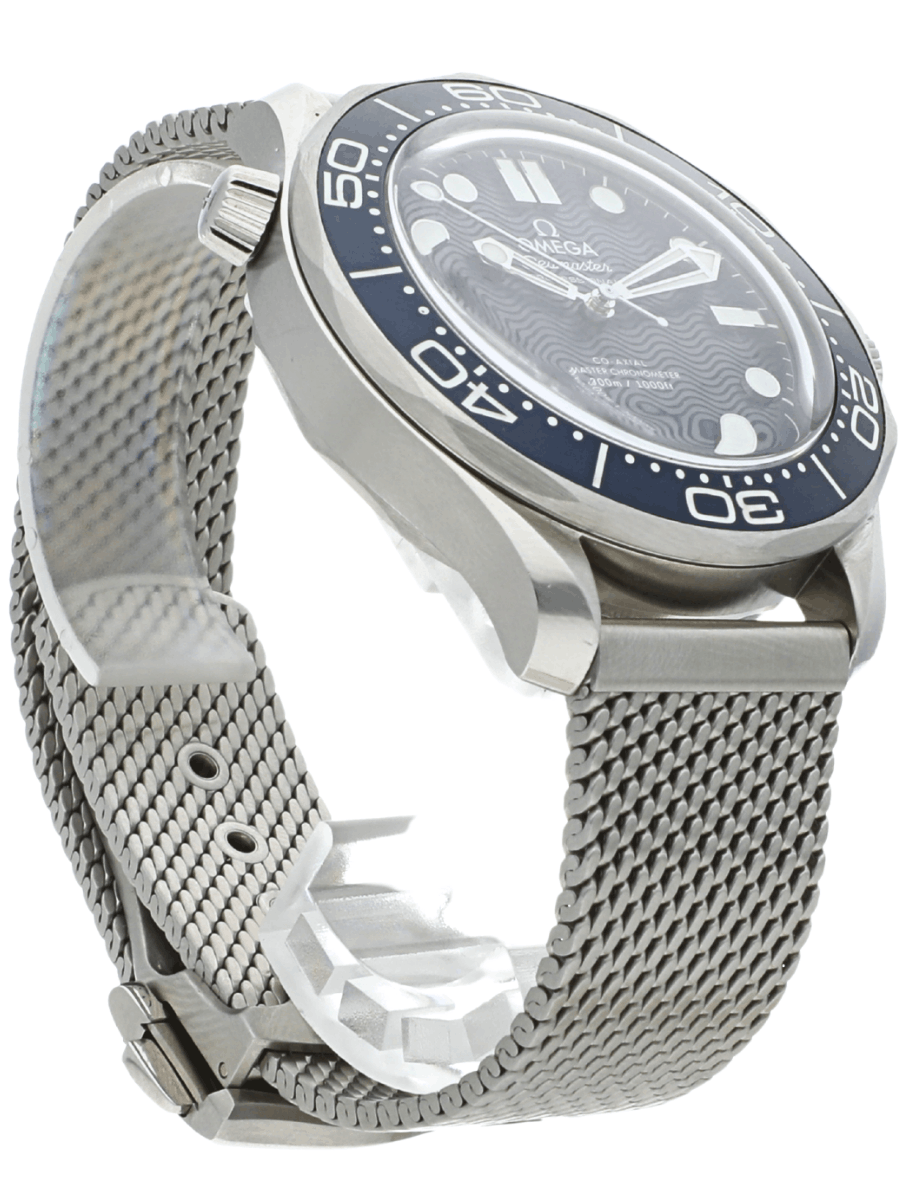 Front right side view of Pre-Owned Omega Seamaster Diver 300m James Bond 60th Anniversary wristwatch with stainless steel case and bracelet, and blue dial.