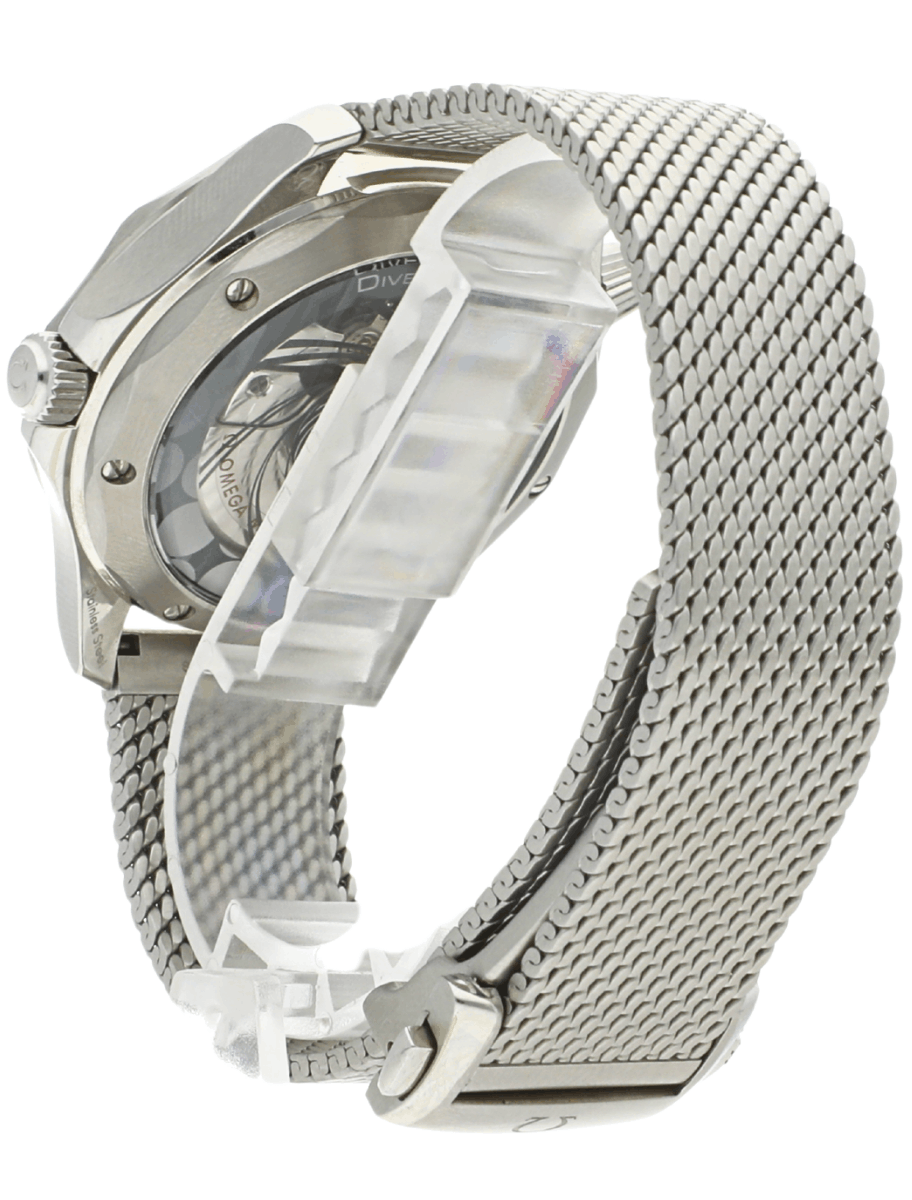 Front left view of Pre-Owned Omega Seamaster Diver 300m James Bond 60th Anniversary wristwatch with stainless steel case and bracelet, and blue dial.