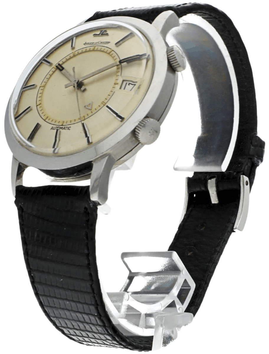 Front left side view of Pre-Owned Jaeger-LeCoultre Memovox wristwatch with stainless steel case.