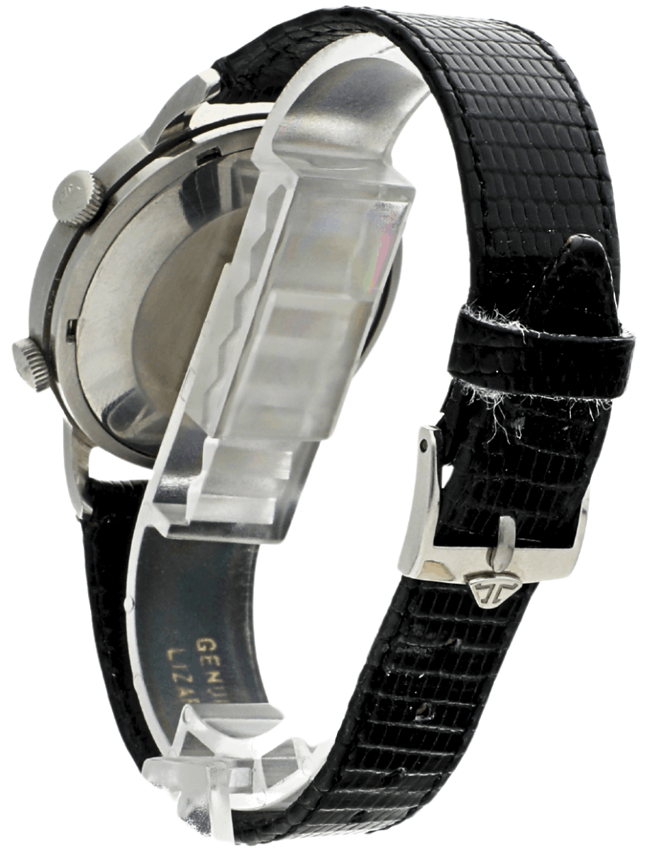 Back left side view of Pre-Owned Jaeger-LeCoultre Memovox wristwatch with stainless steel case.