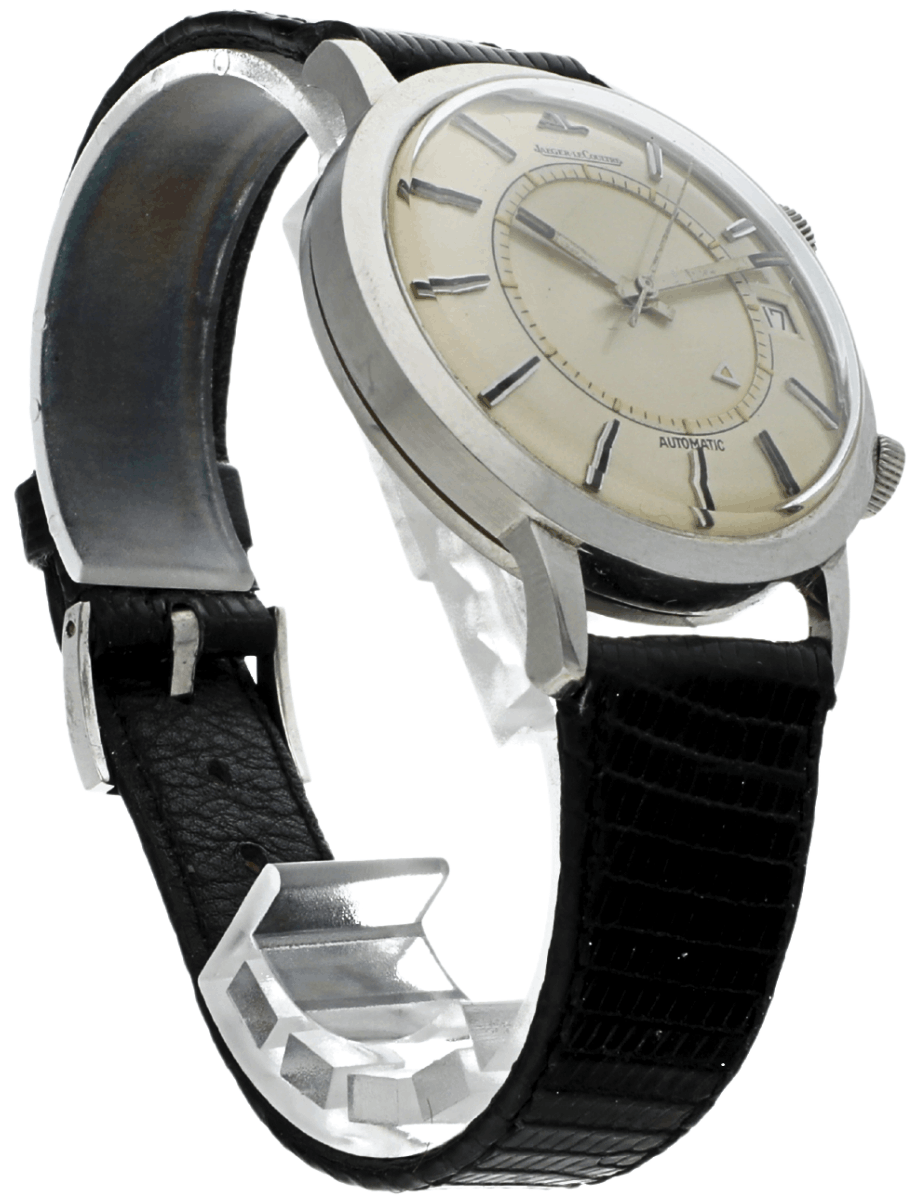 Front right side view of Pre-Owned Jaeger-LeCoultre Memovox wristwatch with stainless steel case.