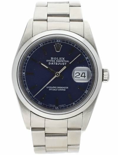 Pre-Owned Rolex Oyster wristwatch with stainless steel case and bracelet, and blue dial.