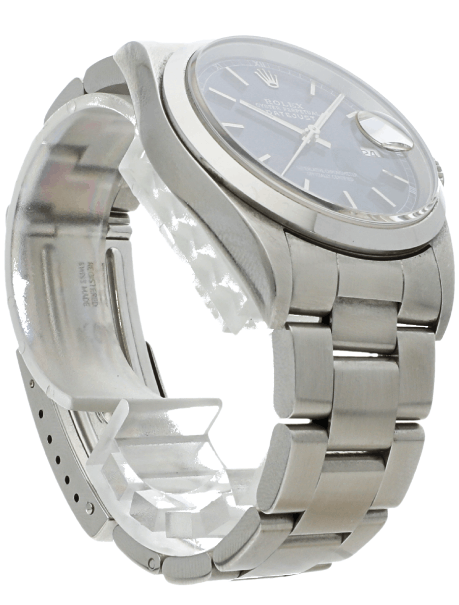 Front right view of Pre-Owned Rolex Oyster wristwatch with stainless steel case and bracelet, and blue dial.