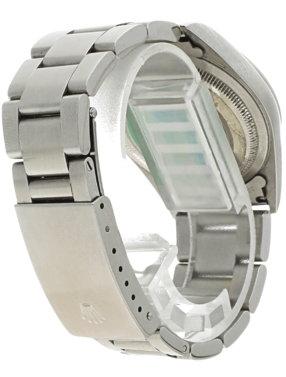Right back view of Pre-Owned Rolex Oyster wristwatch with stainless steel case and bracelet, and blue dial.