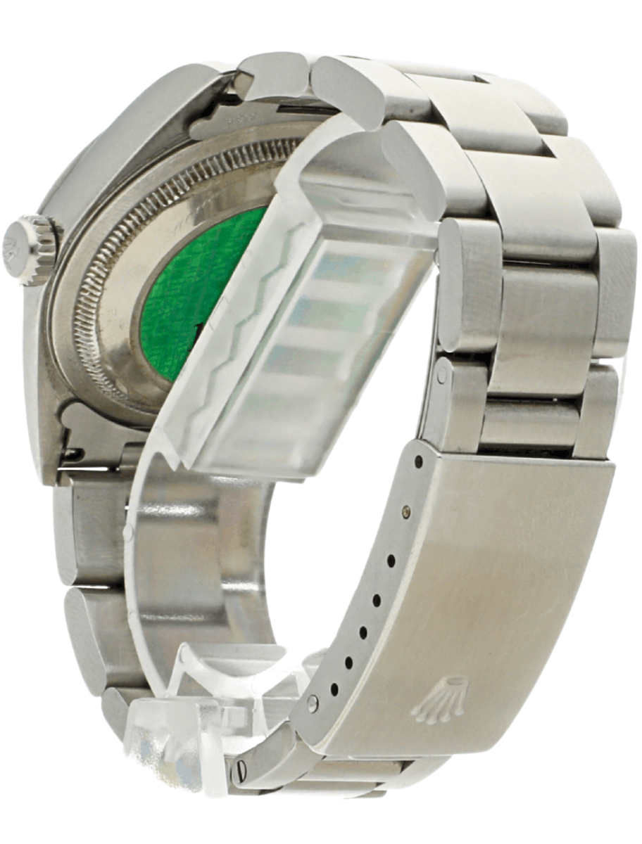 Left back view of Pre-Owned Rolex Oyster wristwatch with stainless steel case and bracelet, and blue dial.