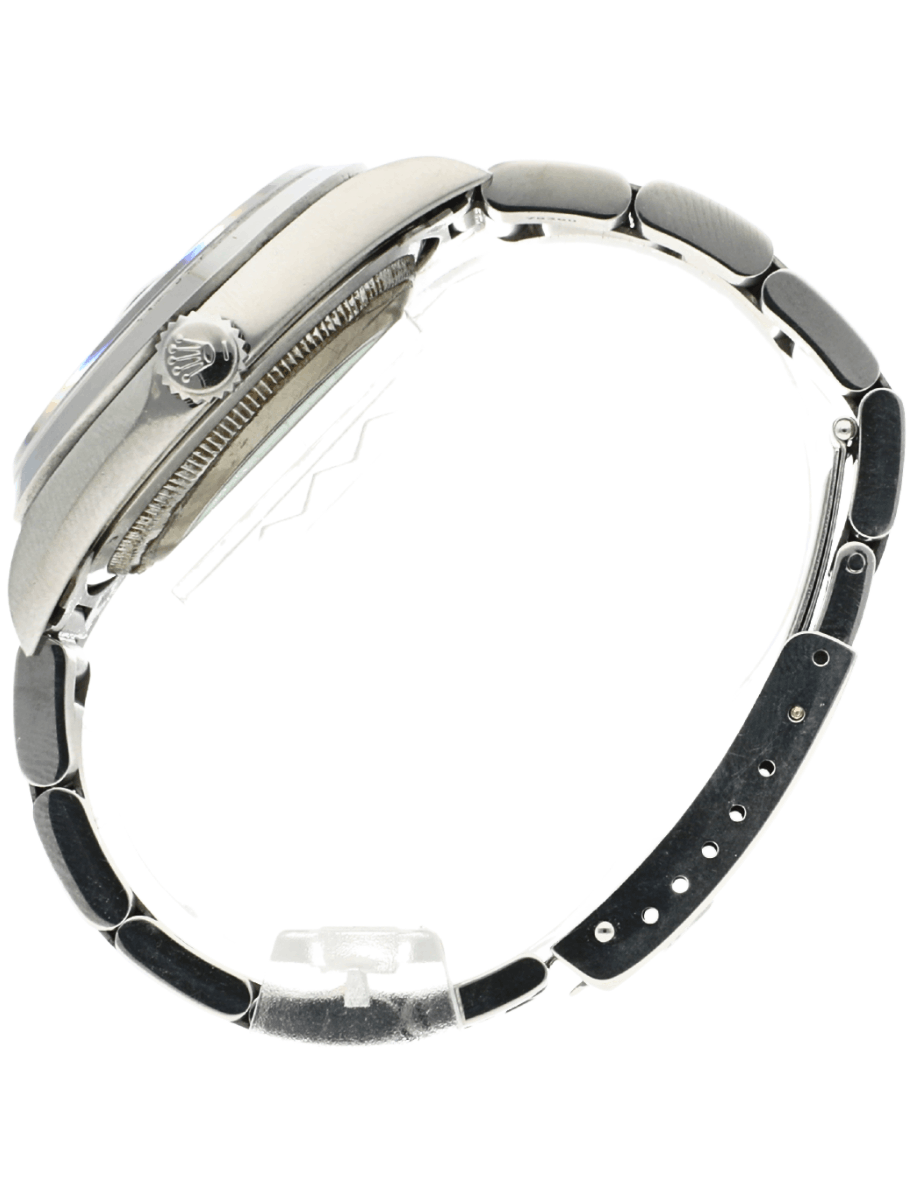 Left view of Pre-Owned Rolex Oyster wristwatch with stainless steel case and bracelet, and blue dial.