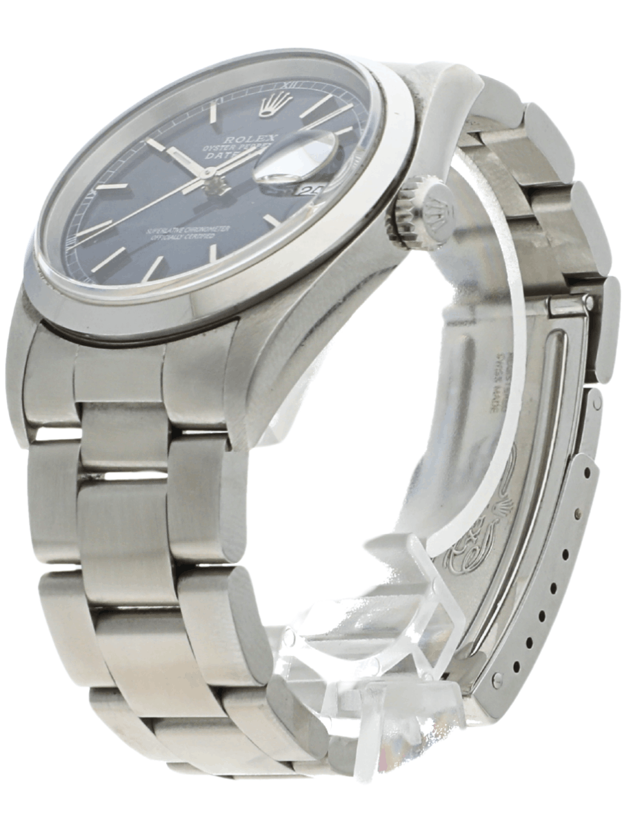 Front left view of Pre-Owned Rolex Oyster wristwatch with stainless steel case and bracelet, and blue dial.