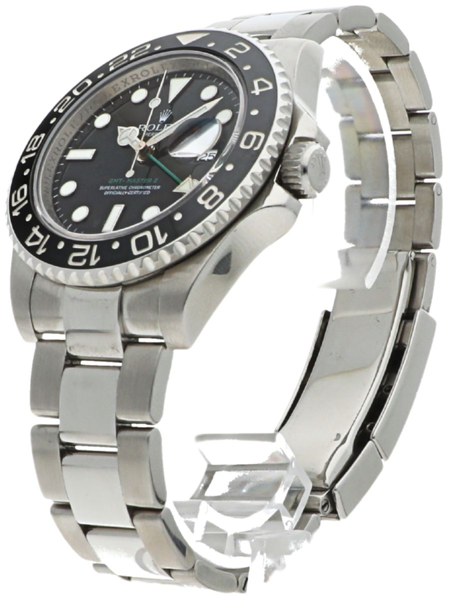 Front left view of Pre-Owned Rolex wristwatch with stainless seel case, black dial and oystersteel bracelet
