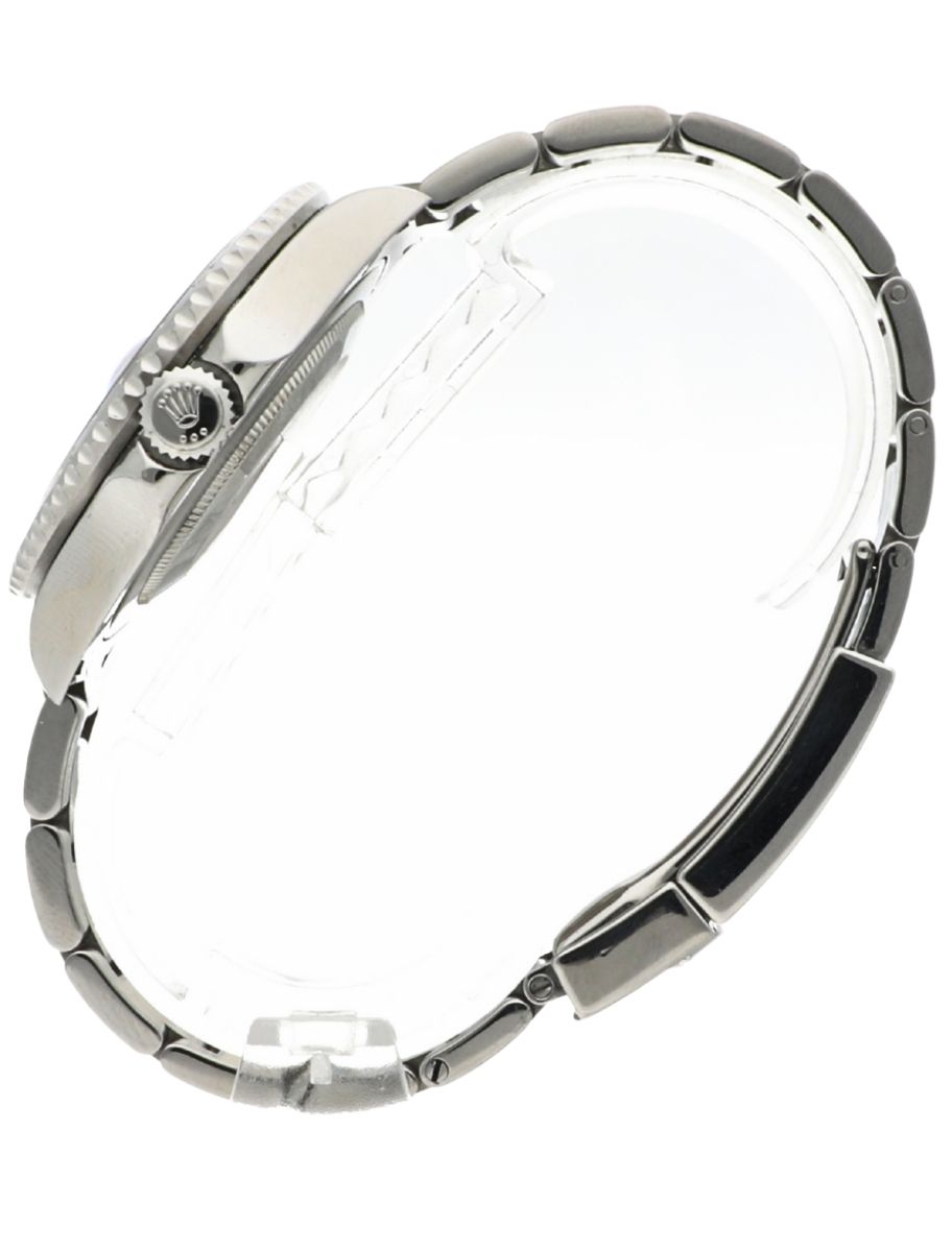 Left side view of Pre-Owned Rolex wristwatch with stainless seel case, black dial and oystersteel bracelet