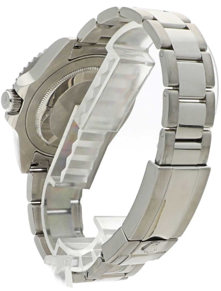 Back left view of Pre-Owned Rolex wristwatch with stainless seel case, black dial and oystersteel bracelet