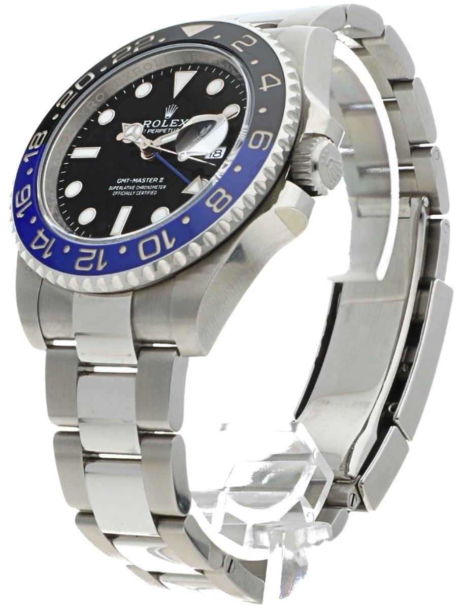 Front left view of Pre-Owned Rolex wristwatch with oystersteel case and bracelet and black dial