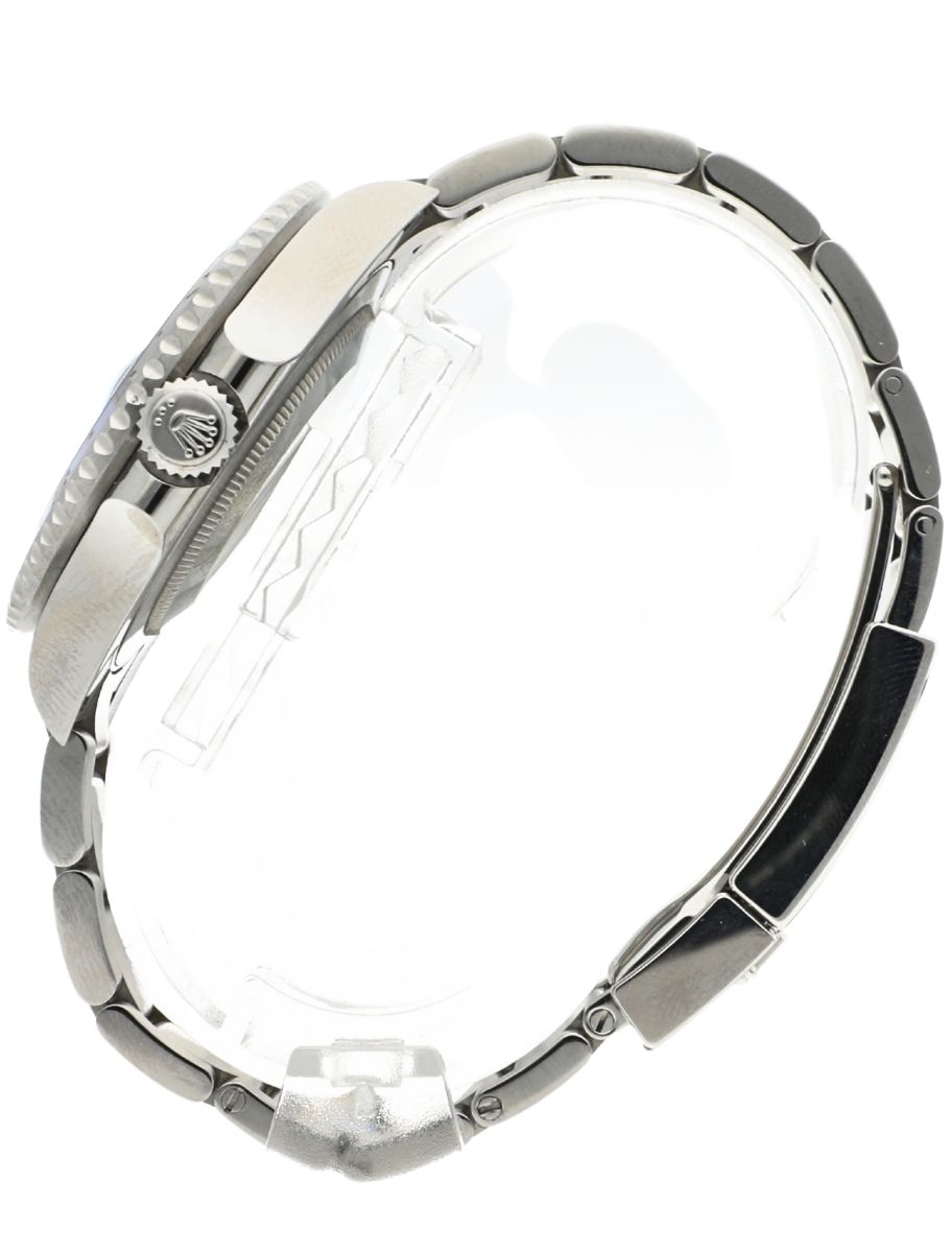 Left side view of Pre-Owned Rolex wristwatch with oystersteel case and bracelet and black dial