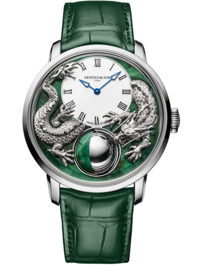 Arnold & Son wristwatch with platinum case, verdite and white gold dial and green alligator leather strap