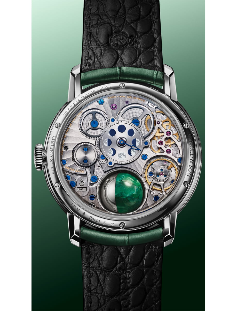 Back view of Arnold & Son wristwatch with platinum case, verdite and white gold dial and green alligator leather strap