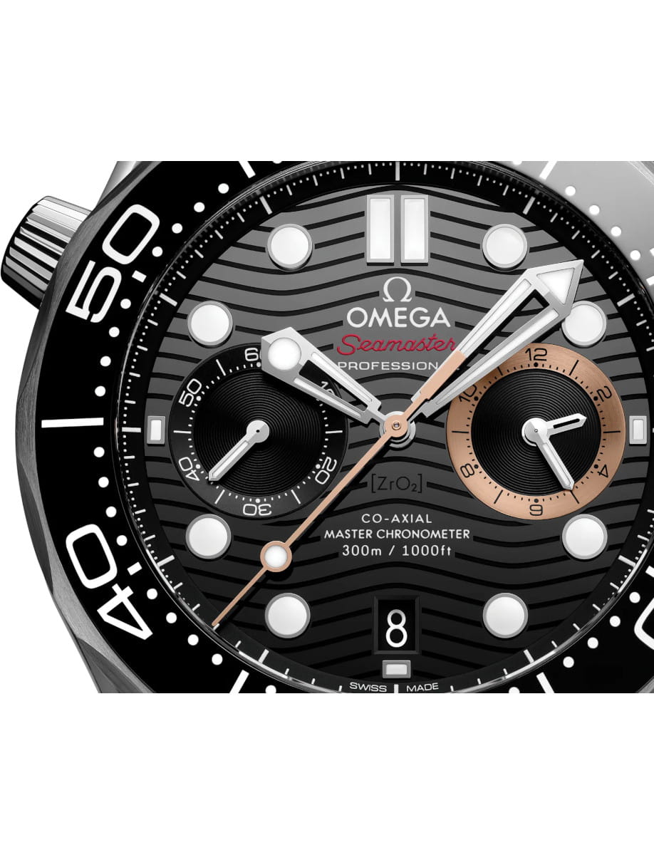 Close view of Omega wristwatch with stainless steel case, black dial, and NATO strap
