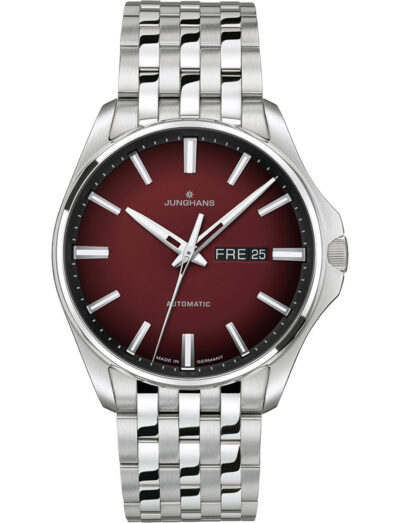 Junghans wristwatch with stainless steel case and bracelet and dark red dial
