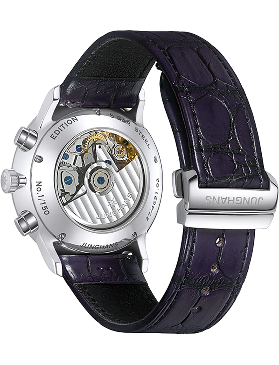 Back view of Junghans wristwatch with stainless steel case, dark purple dial and alligator leather strap