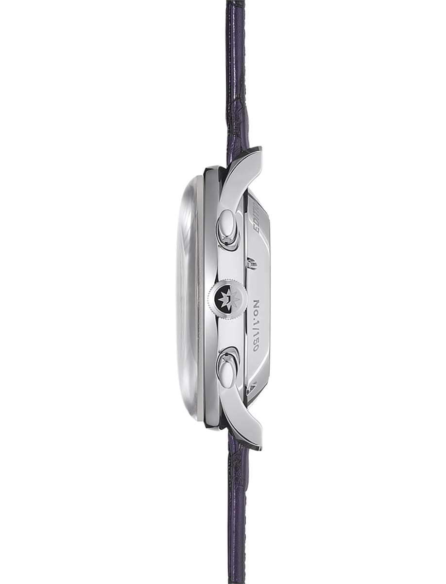 Side view of Junghans wristwatch with stainless steel case, dark purple dial and alligator leather strap