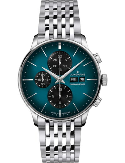 Junghans wristwatch with stainless steel case and bracelet and petrol blue dial