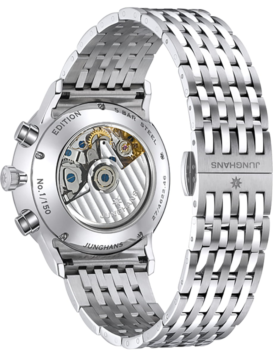 Back view of Junghans wristwatch with stainless steel case and bracelet and petrol blue dial