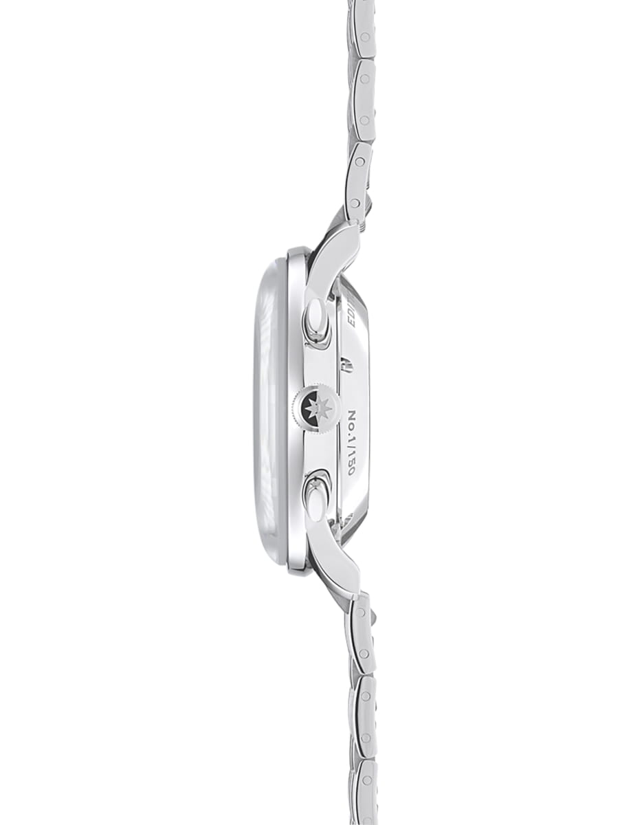 Side view of Junghans wristwatch with stainless steel case and bracelet and petrol blue dial