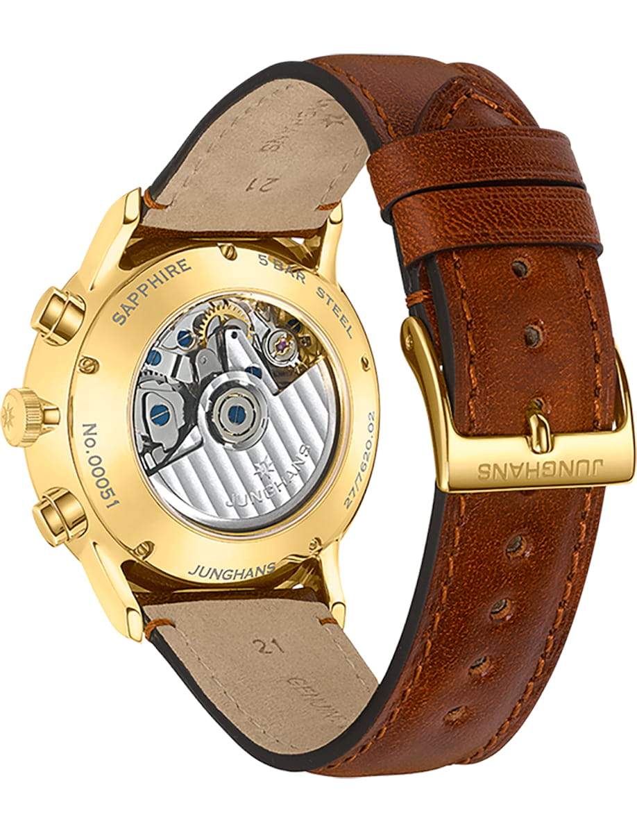 Back view of Junghans wristwatch with stainless steel case, matt silver dial and horse leather strap