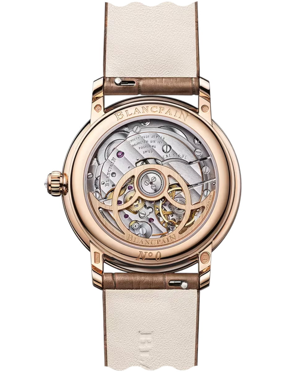 Back view of Blancpain Ladybird Colors Phases de Lune wristwatch with red gold case, transparent case back, and alligator leather strap.