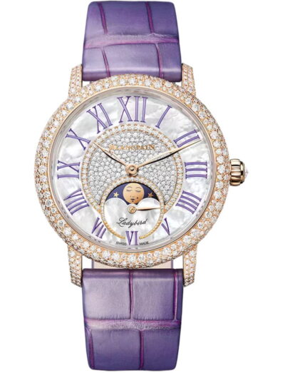 Blancpain Ladybird Colors Phases de Lune wristwatch with white gold case, white mother-of-pearl dial set with diamonds, and purple leather strap.