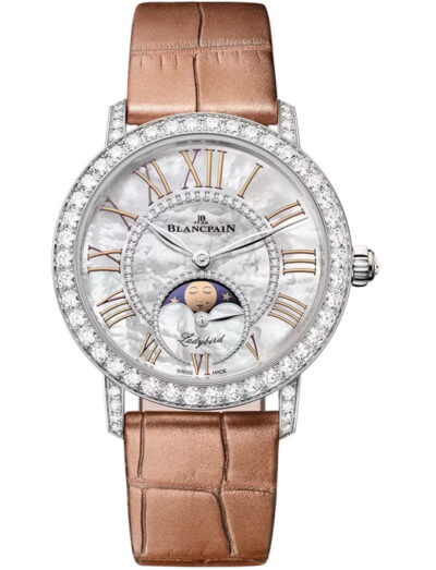 Blancpain Ladybird Colors Phases de Lune wristwatch with white gold case, Mother-of-pearl set with diamonds dial, and alligator leather strap.