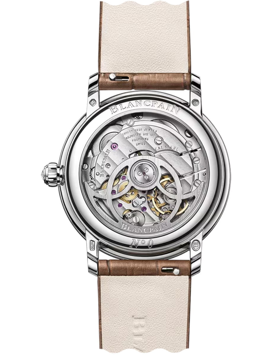 Back view of Blancpain Ladybird Colors Phases de Lune wristwatch with white gold case, Mother-of-pearl set with diamonds dial, and alligator leather strap.