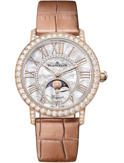 Blancpain Ladybird Colors Phases de Lune wristwatch with red gold case, Mother-of-pearl set with diamonds dial, and alligator leather strap.
