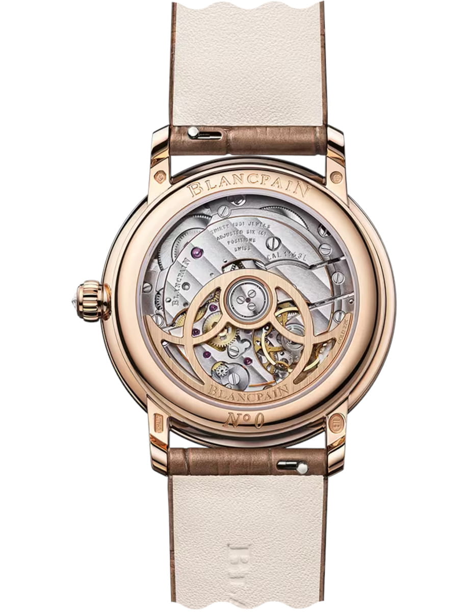 Back view of Blancpain Ladybird Colors Phases de Lune wristwatch with red gold case, sapphire crystal case back, and alligator leather strap.