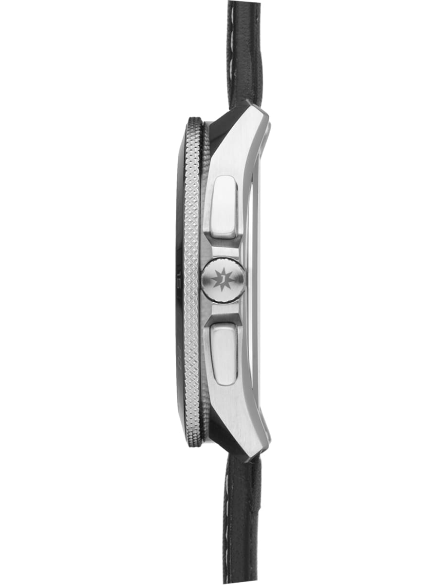 Side view of Junghans wristwatch with stainless steel case, solar cell dial and leather strap