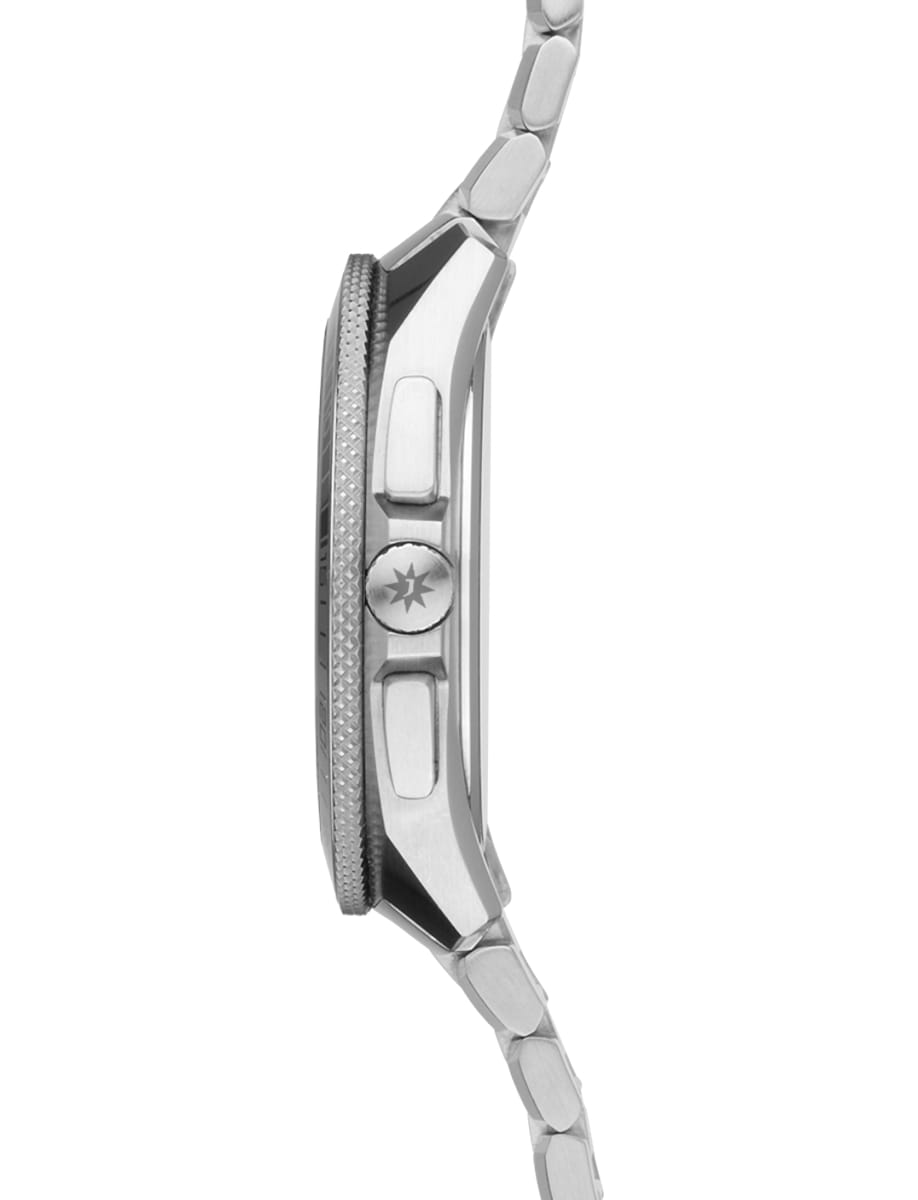 Side view of Junghans wristwatch with stainless steel case and bracelet and solar cell dial