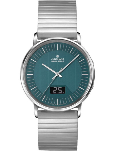 Junghans wristwatch with stainless steel case and bracelet and green glass solar cell dial