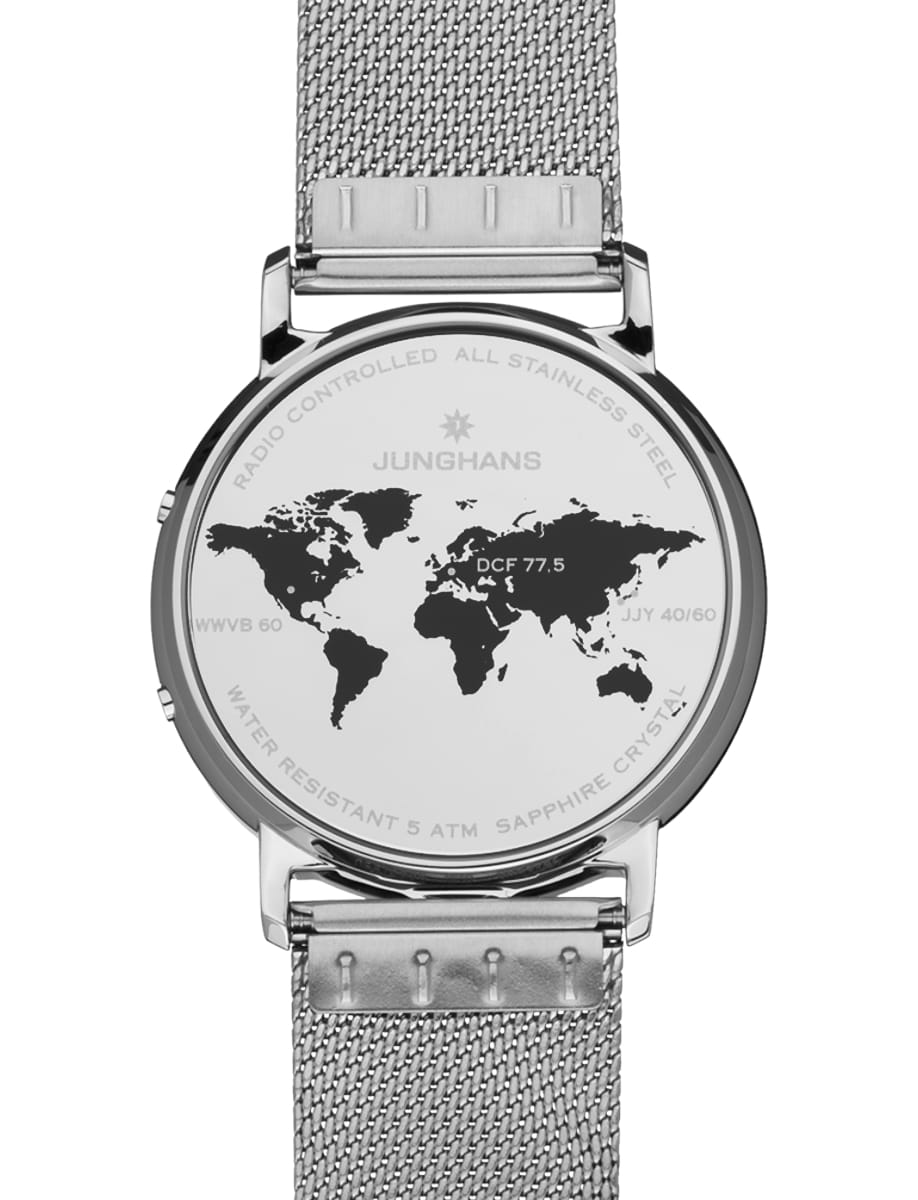 Back view of Junghans wristwatch with stainless steel case and bracelet and green glass solar cell dial