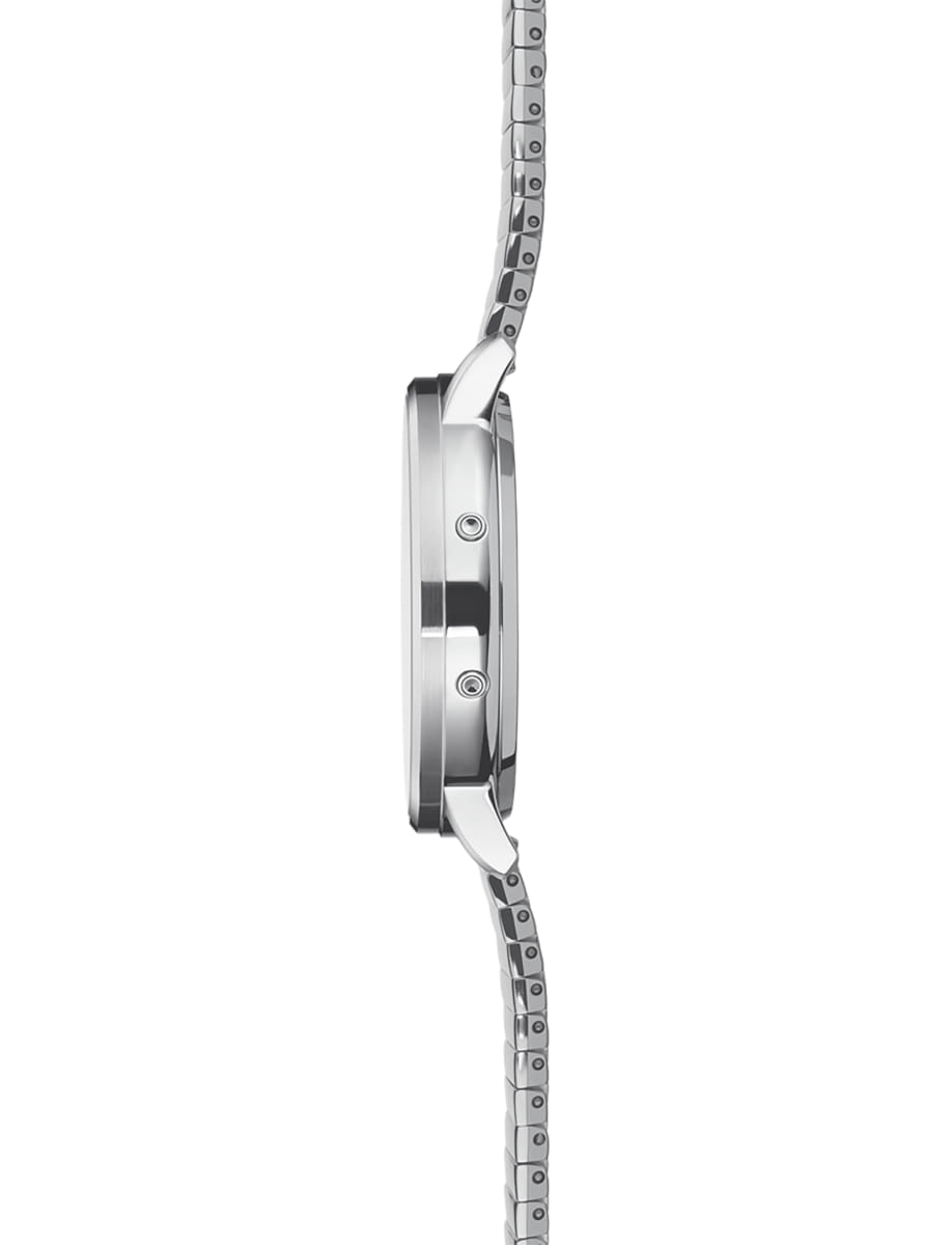 Side view of Junghans wristwatch with stainless steel case and bracelet and green glass solar cell dial