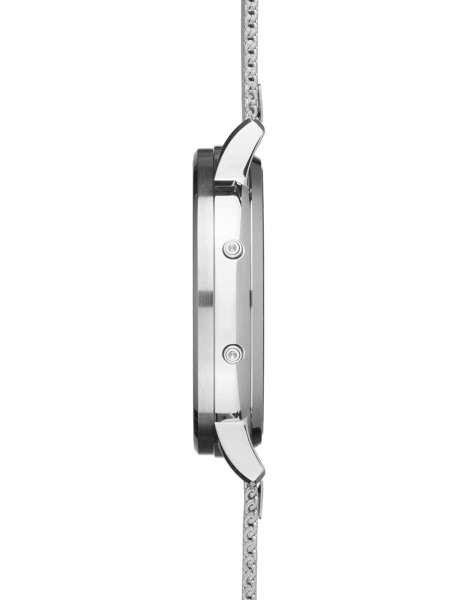 Side view of Junghans wristwatch with stainless steel case and bracelet and glass solar cell dial