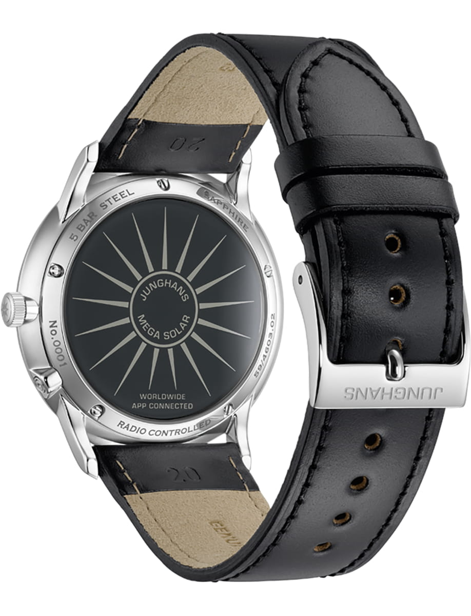 Back view of Junghans wristwatch with stainless steel case, matt white dial and leather strap