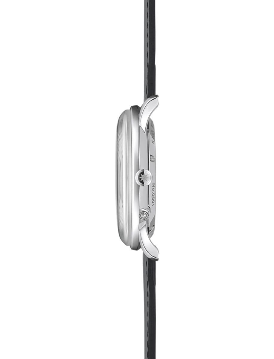 Side view of Junghans wristwatch with stainless steel case, matt white dial and leather strap
