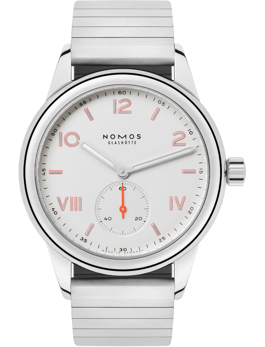 Nomos wristwatch with stainless steel case and sport bracelet, and white silver-plated dial.